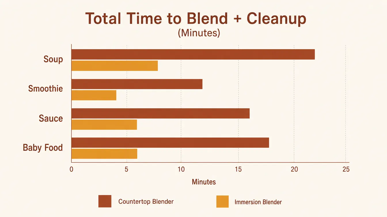 Chart comparing prep and cleanup minutes for a countertop blender versus an immersion blender across common kitchen tasks