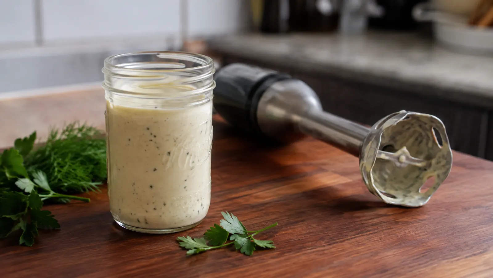 Small mason jar of blended salad dressing next to an immersion blender resting on a kitchen counter