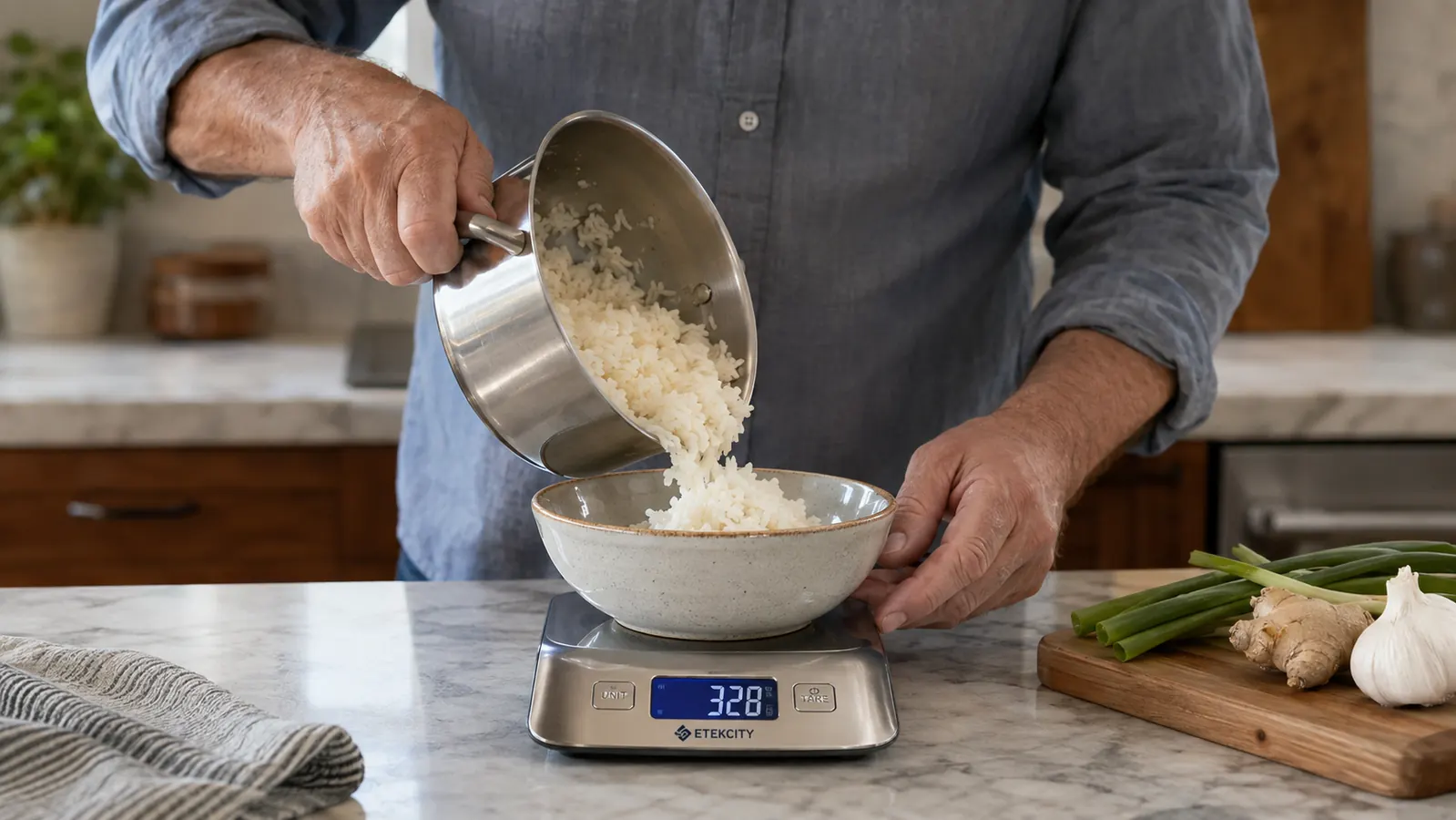 A hand pouring rice into a bowl on top of a digital kitchen scale to weigh a meal-prep portion