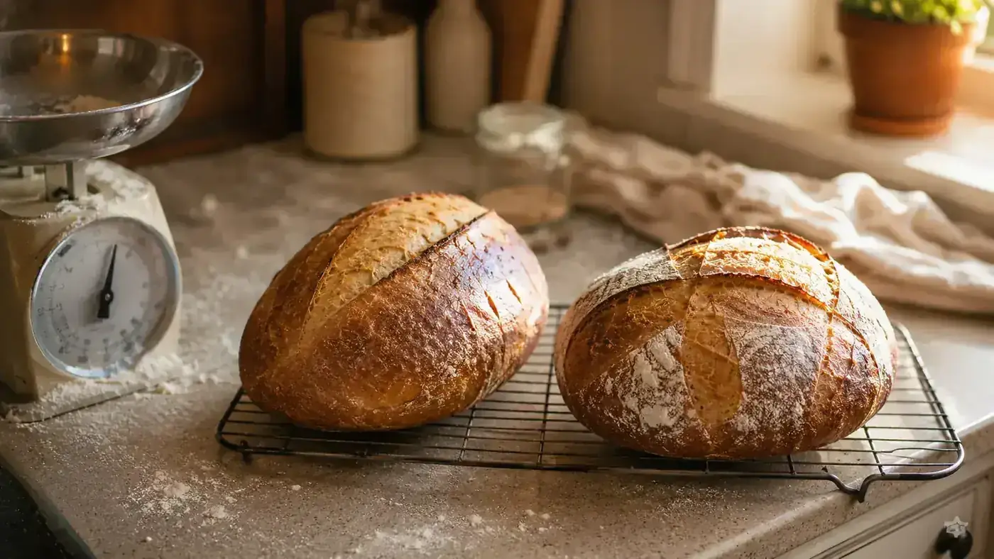 Loaves of bread cooling on a kitchen counter next to a digital kitchen scale used to weigh the flour