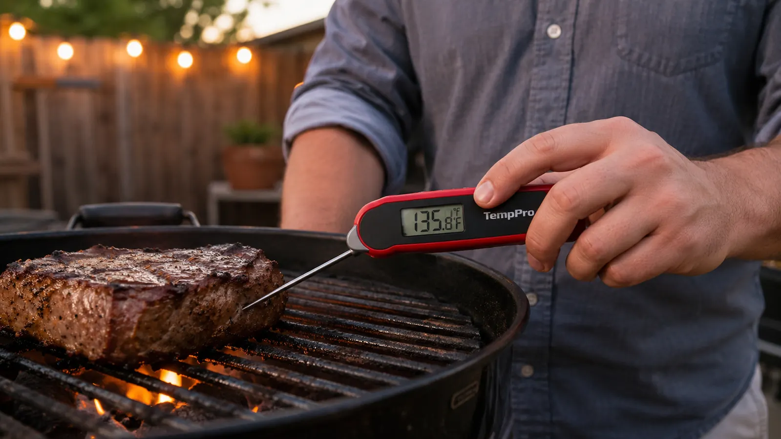 Hand holding a folding digital meat thermometer probe inserted into a grilled steak on an outdoor grill