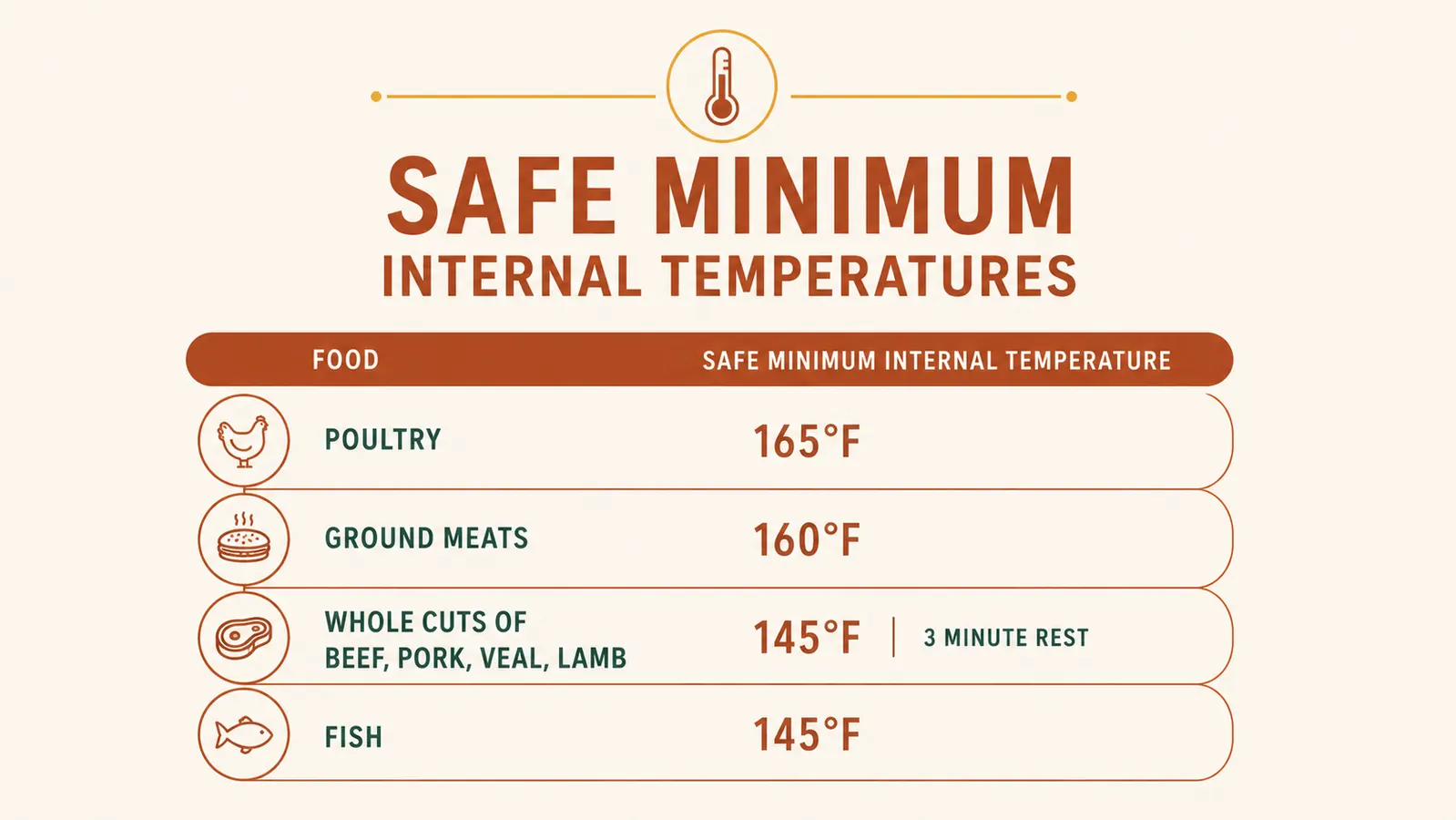 Chart showing USDA safe minimum internal cooking temperatures for poultry, ground meat, whole cuts, and fish