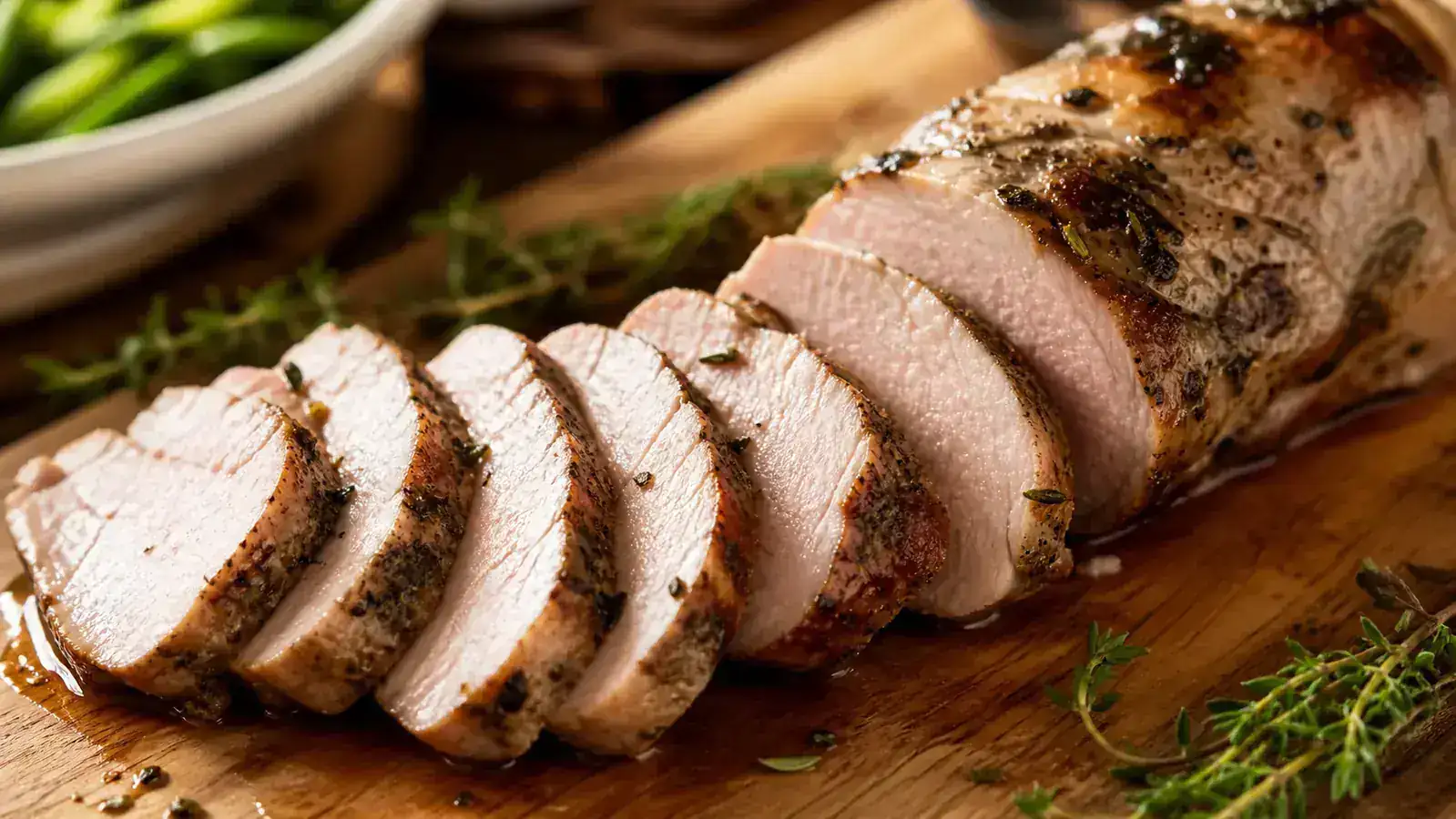 Plate of sliced roasted pork tenderloin that is evenly cooked and juicy, resting on a cutting board