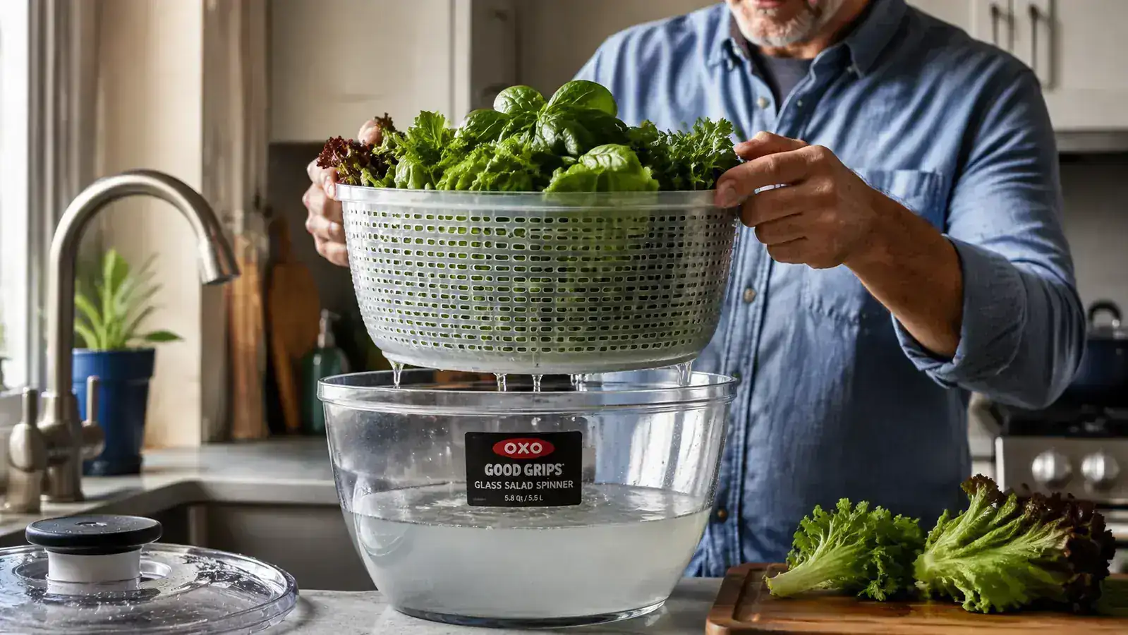 A hand lifting the inner basket of lettuce out of a glass salad spinner bowl full of rinse water