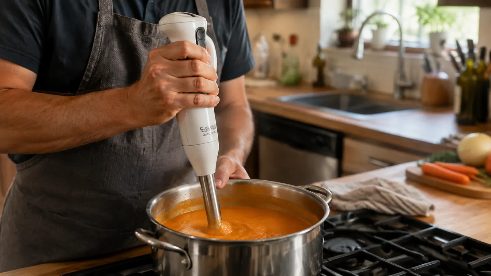Hand holding a white Cuisinart hand blender blending pureed soup directly in a stockpot on the stove