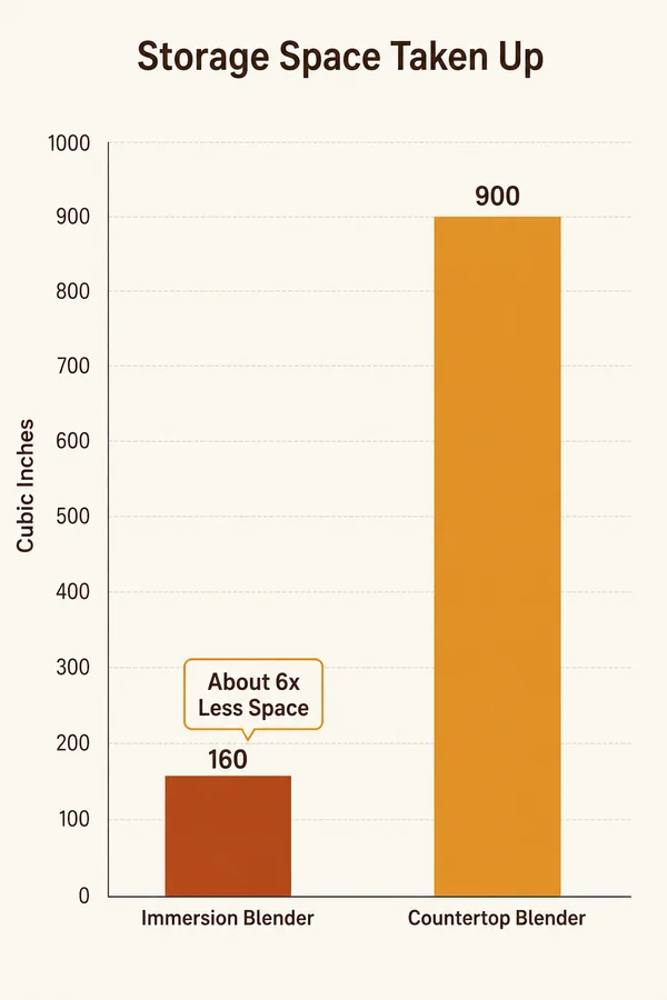Simple bar chart comparing counter and cabinet space used by a full-size blender versus a hand blender