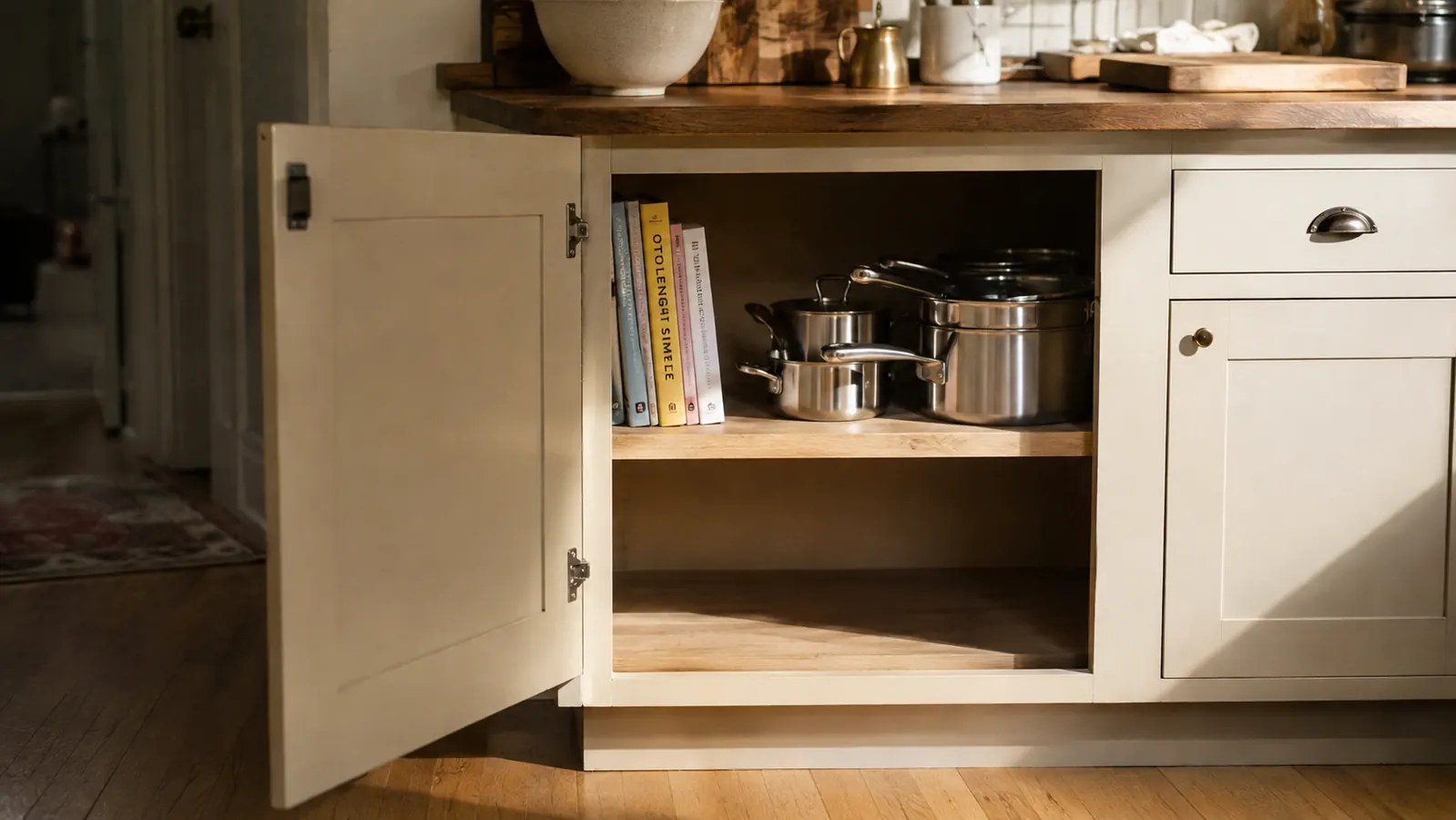 Empty cabinet shelf with extra room after removing a large countertop blender