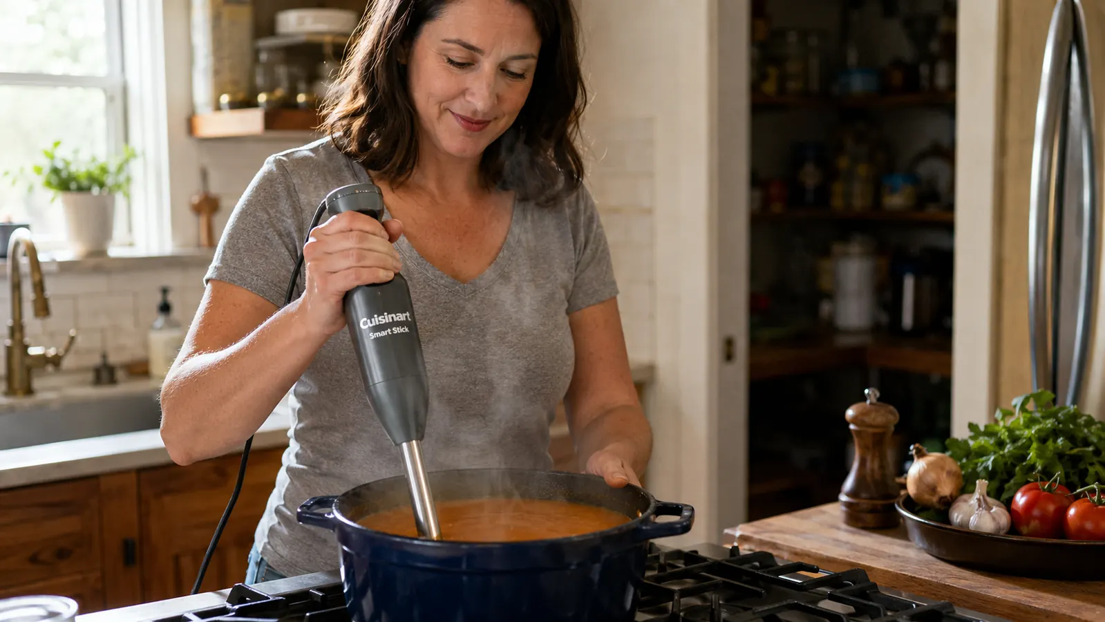 A hand holding the Cuisinart Smart Stick immersion blender pureeing soup directly in a stockpot on the stove