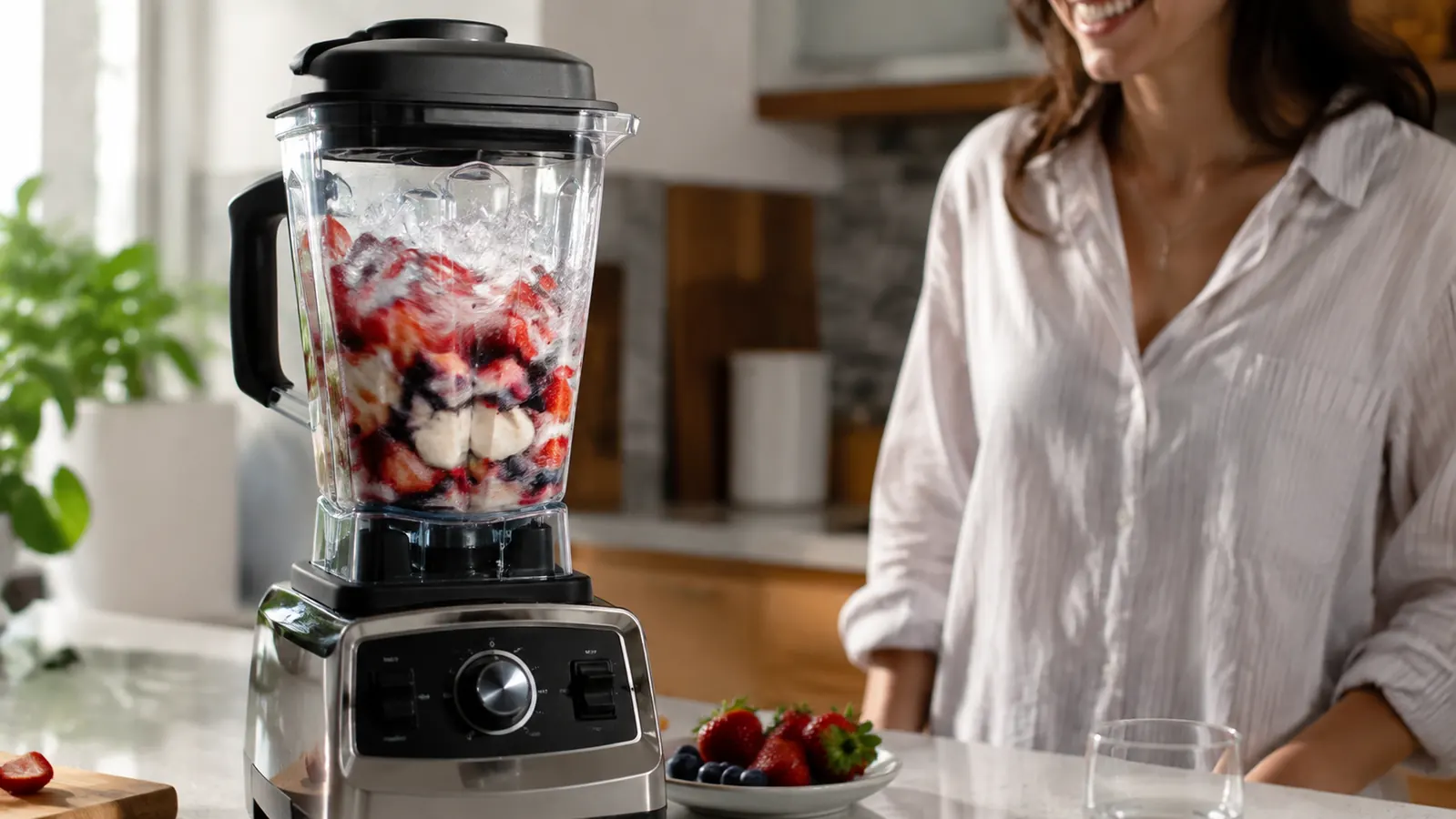 A countertop blender crushing ice and fruit for a frozen drink on a kitchen counter