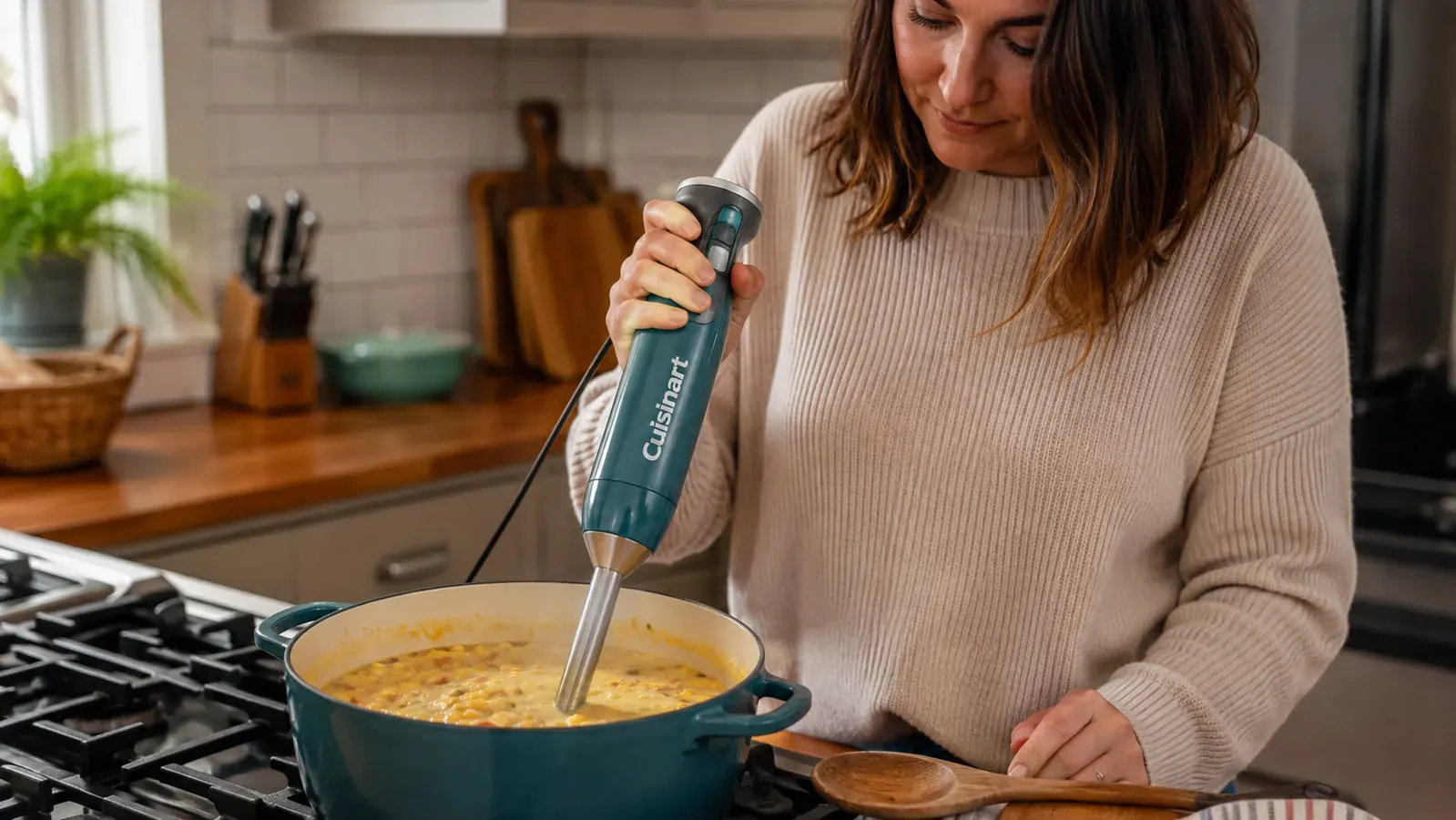 A hand gripping the immersion blender at an angle inside a pot of corn chowder, blade shaft submerged