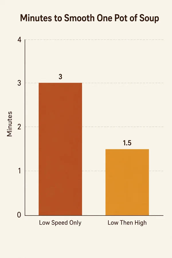 Simple bar chart comparing minutes to reach a smooth puree using low speed only versus the low-then-high technique