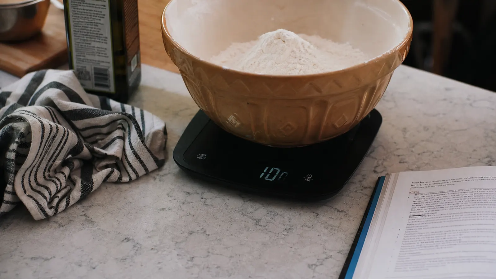 A wide mixing bowl sitting on the kitchen scale with its edge covering most of the digital display