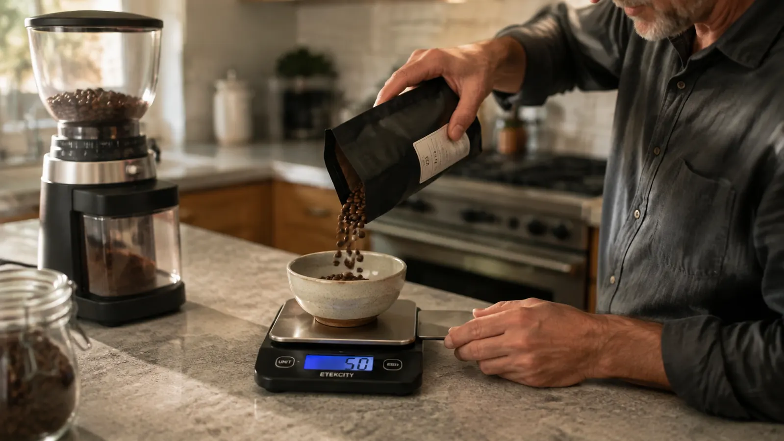 A hand pouring coffee beans into a bowl on the kitchen scale while the display shows a weight reading