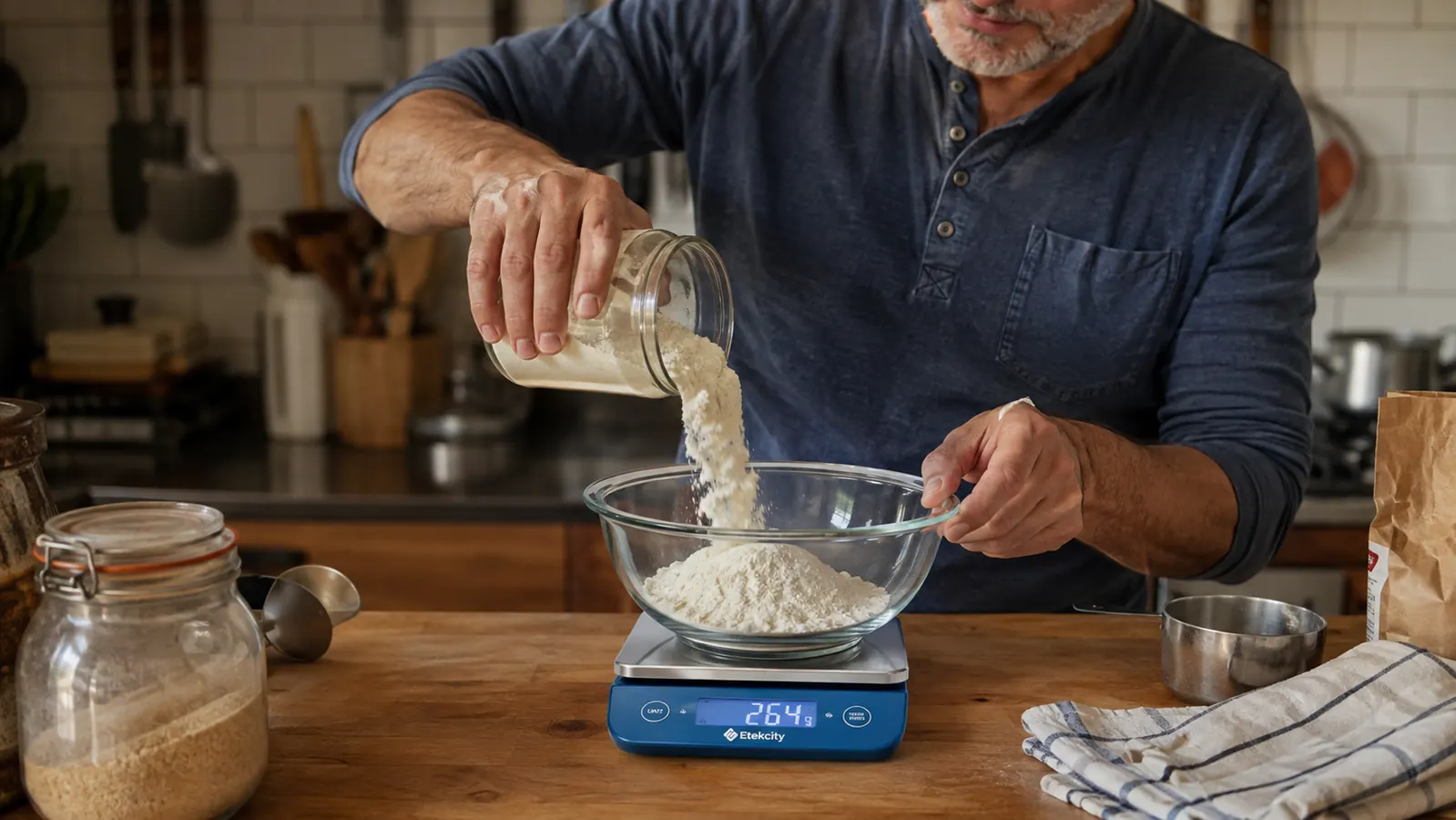 Hand placing a mixing bowl of flour onto a stainless steel digital kitchen scale on a wood countertop