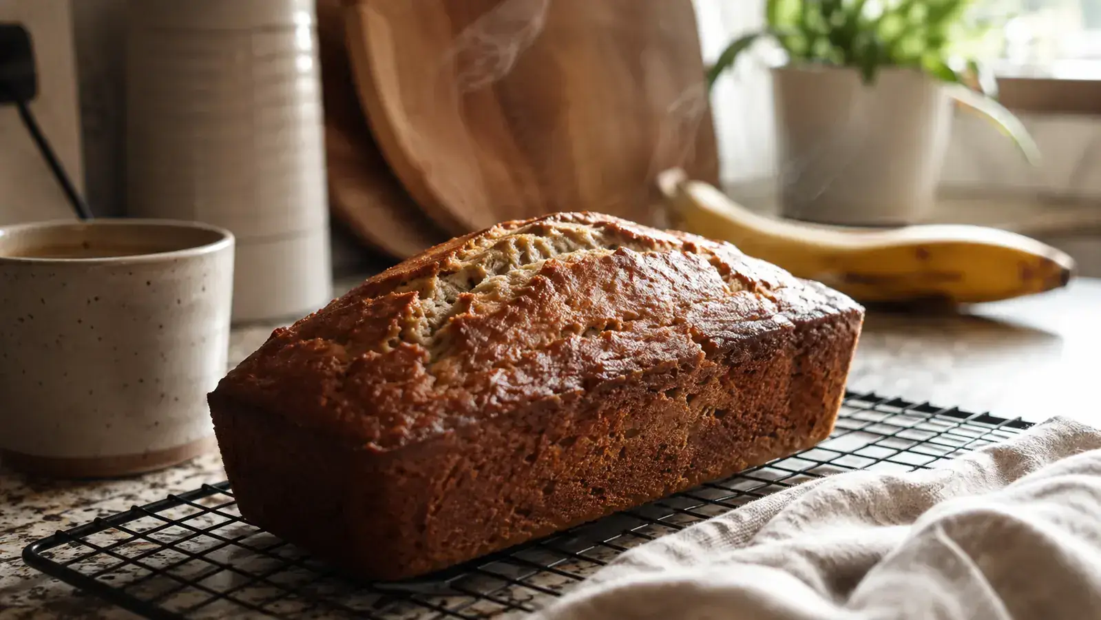 Golden banana bread loaf cooling on a wire rack in a home kitchen