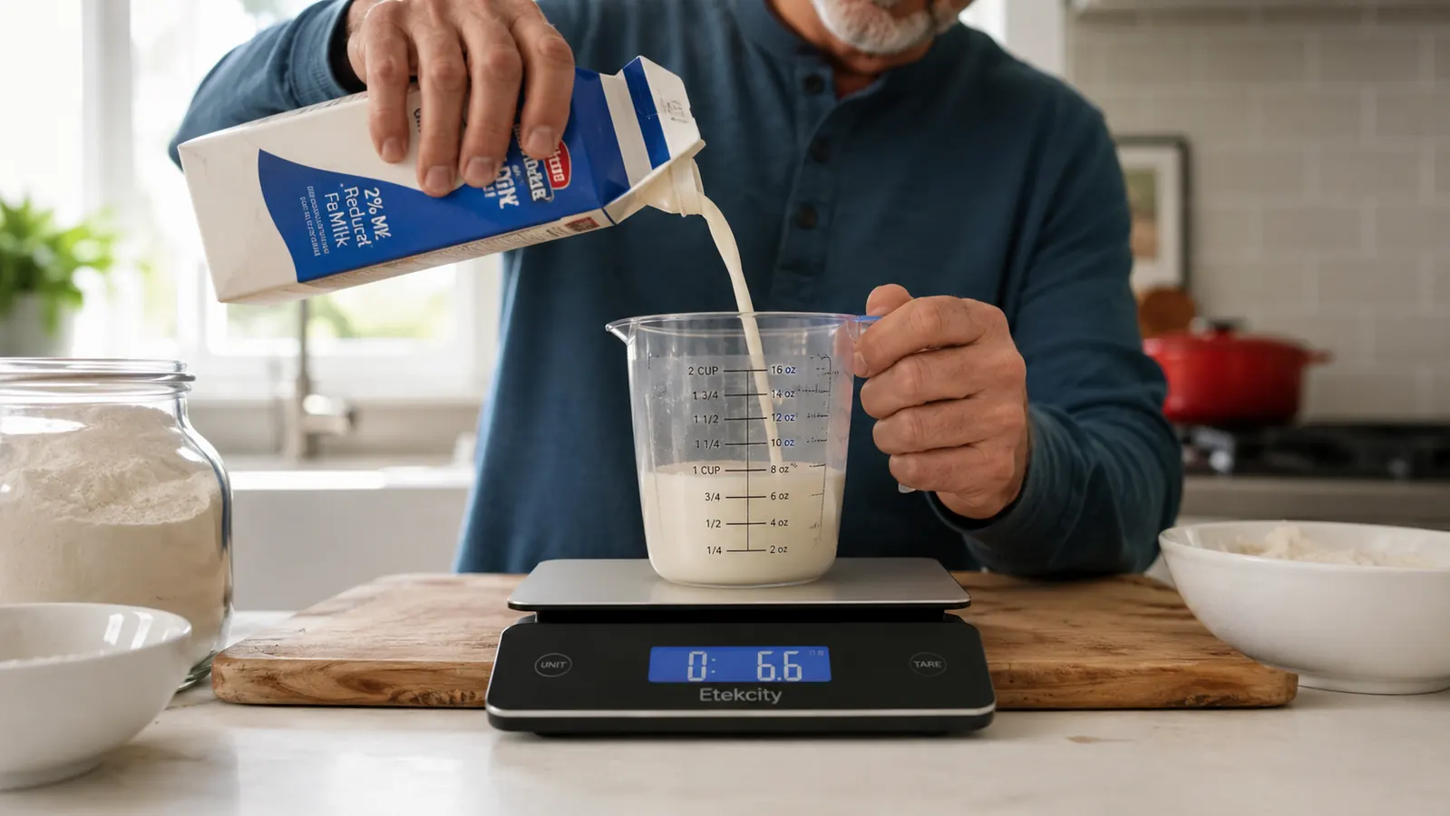 Close-up of a hand pouring milk into a clear plastic measuring cup on a kitchen counter next to a stack of mixing bowls