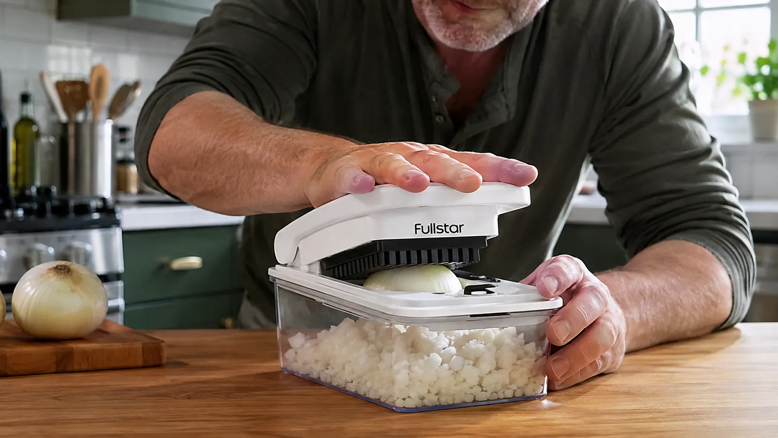 Hand pressing down on a white vegetable chopper to dice an onion into the attached container
