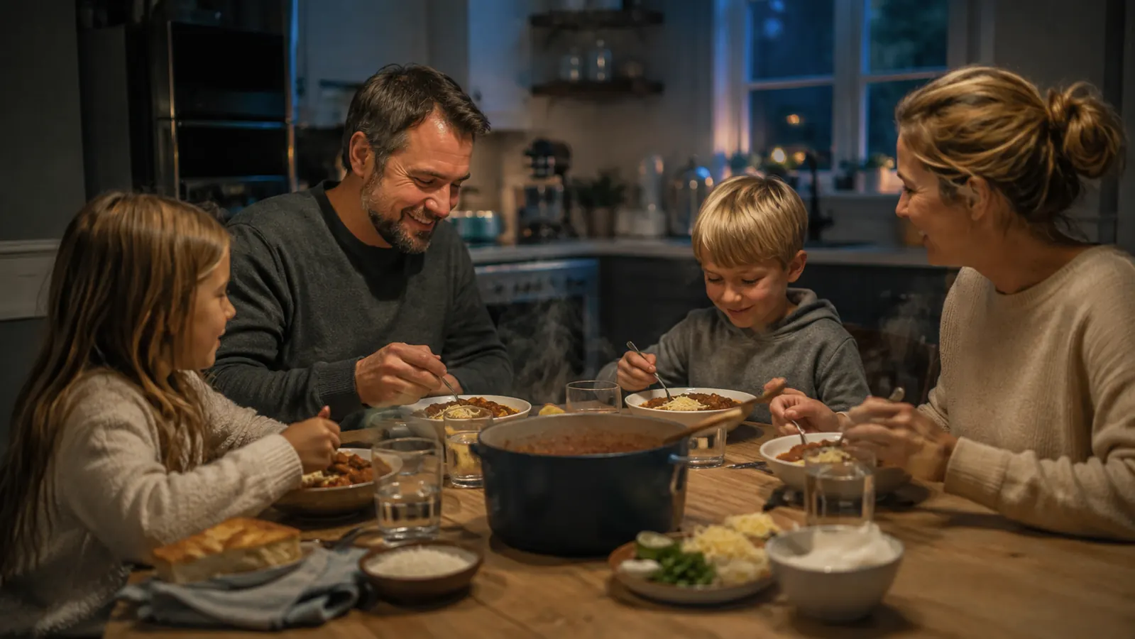 Family sitting down to a pot of chili at a kitchen table on a weeknight