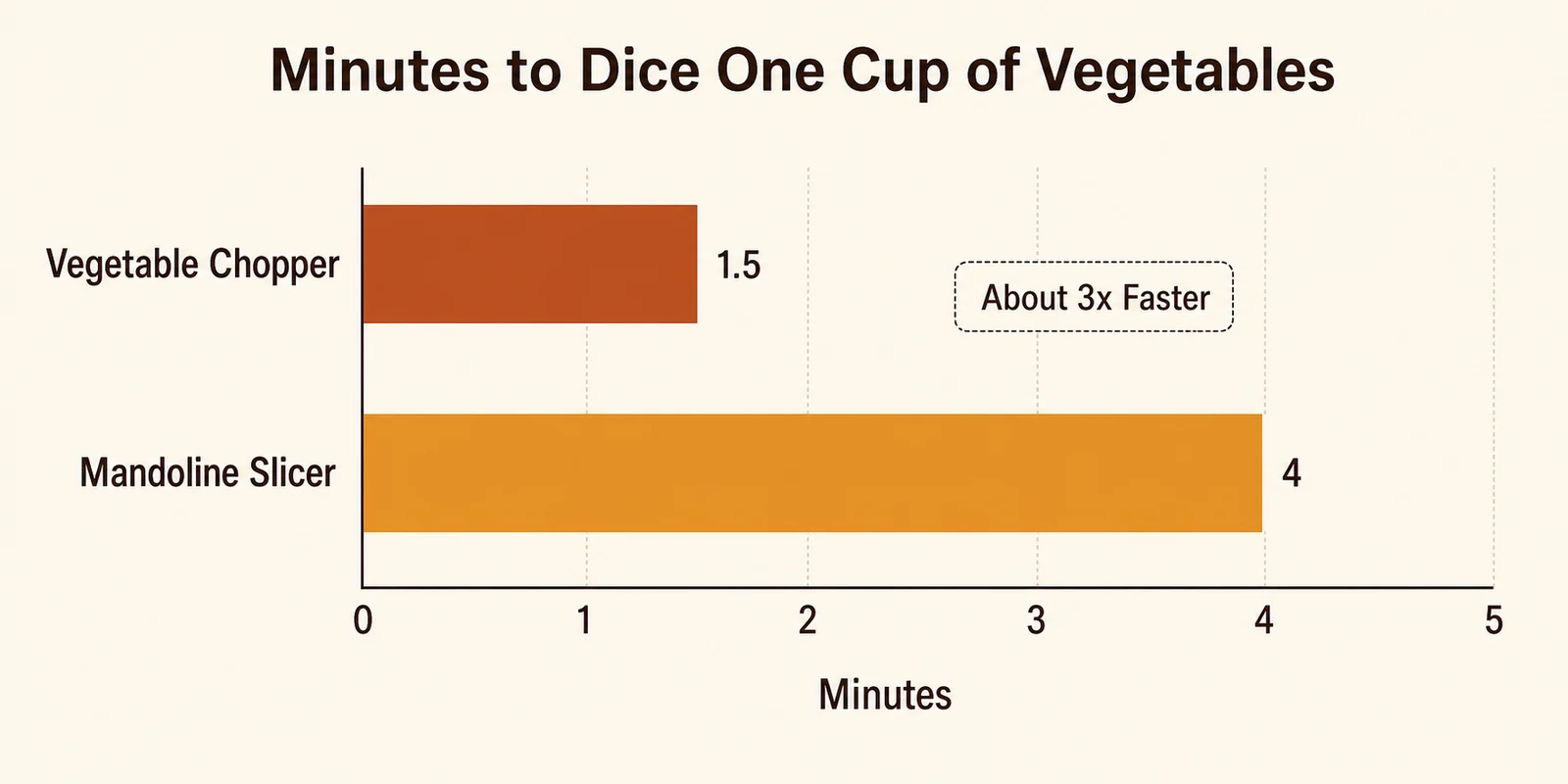 Unbranded bar chart comparing prep time in minutes for dicing a mixed vegetable batch using a chopper versus a mandoline slicer