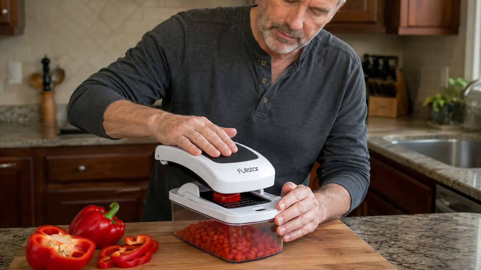 A hand pressing the chopper handle to dice a red bell pepper into the attached container