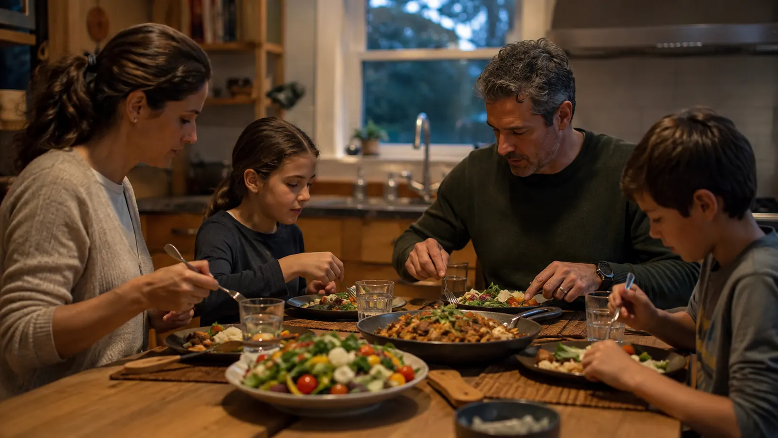 A weeknight dinner table set with a fresh salad and stir fry made from quickly prepped vegetables