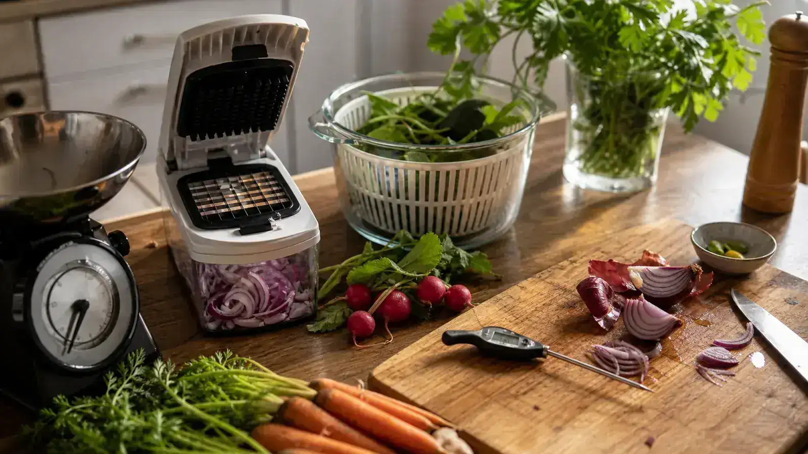 A well-used home kitchen counter in morning light with prep tools laid out beside a wooden cutting board
