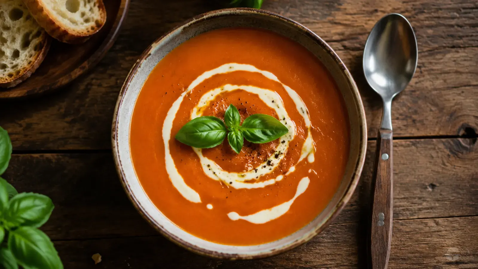 Finished bowl of smooth tomato soup with a swirl of cream and fresh herbs on a kitchen table