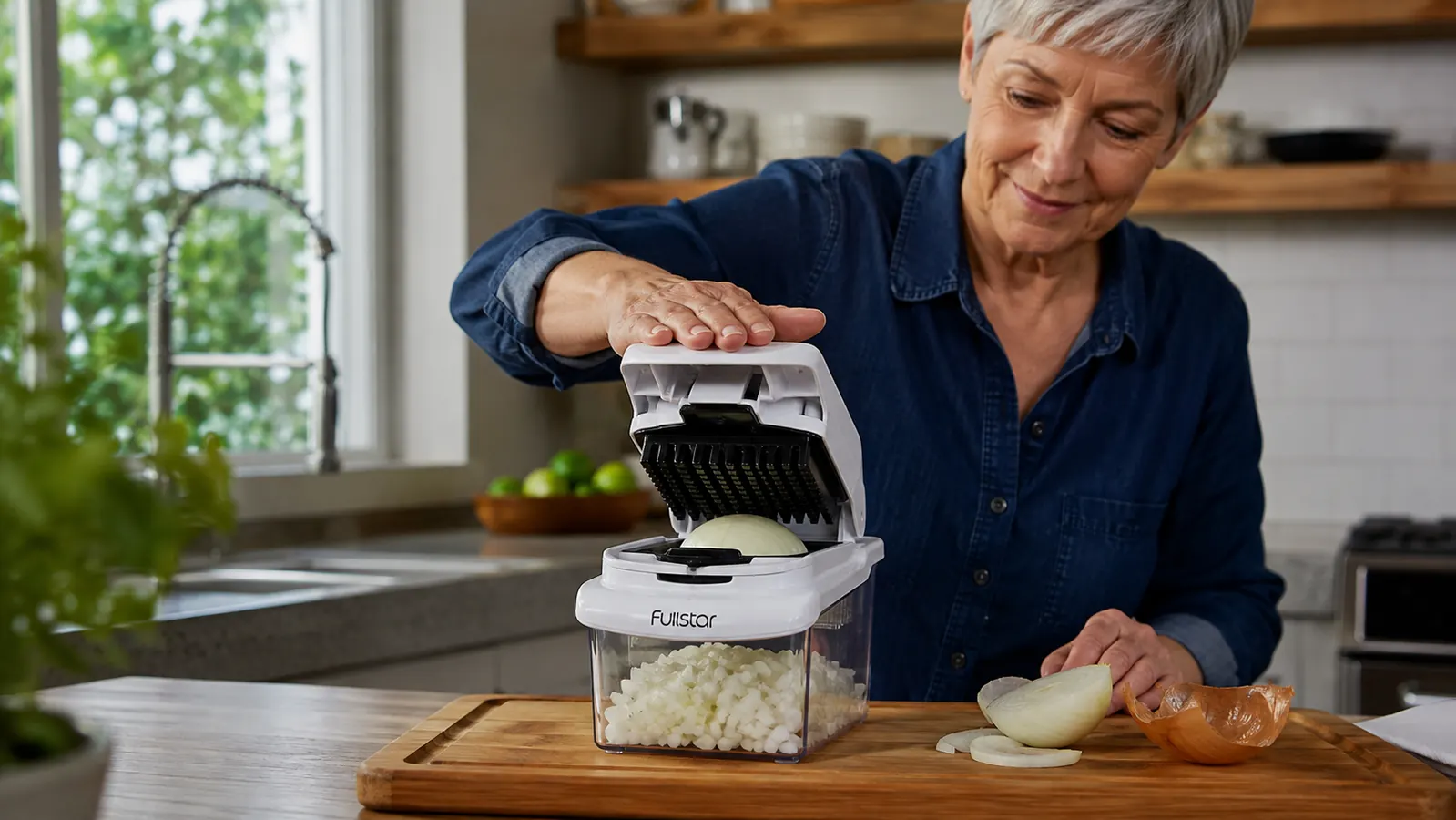 A hand pressing down on the vegetable chopper handle to dice an onion directly into its catch container