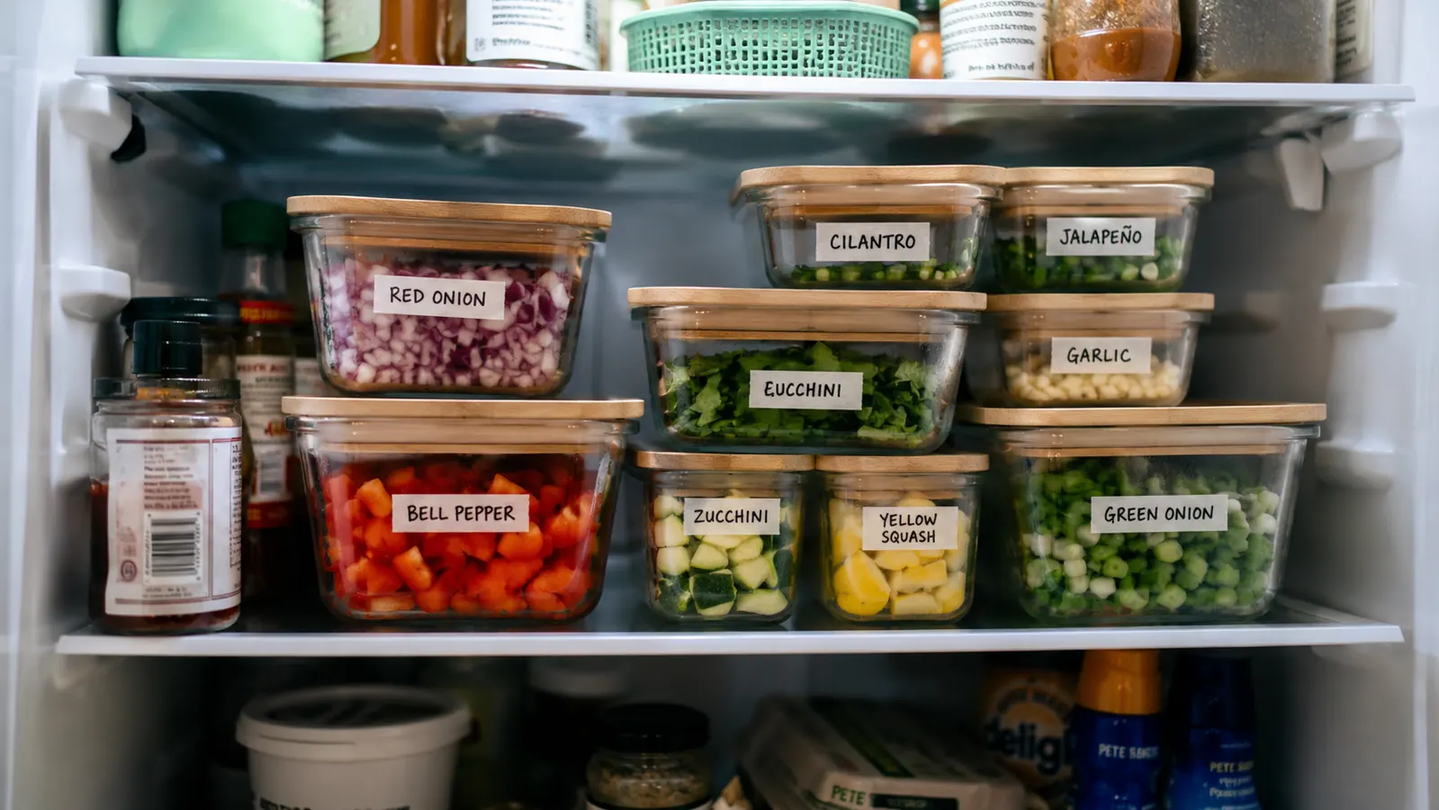 Several glass meal-prep containers filled with diced onions, peppers, carrots, and cucumbers lined up in a refrigerator