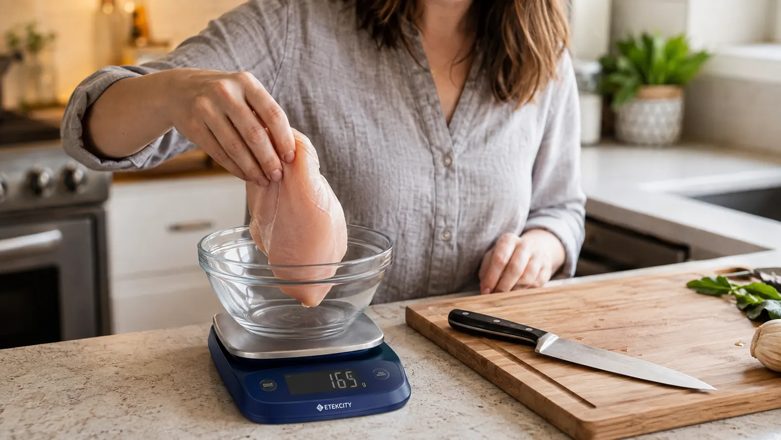 A hand placing a piece of raw chicken breast onto a bowl set on top of the digital kitchen scale to weigh it