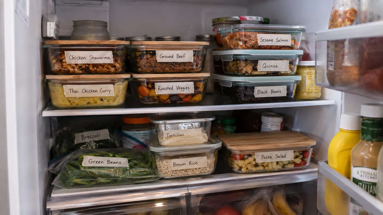 Several labeled glass containers holding pre-portioned cooked meals lined up in a refrigerator