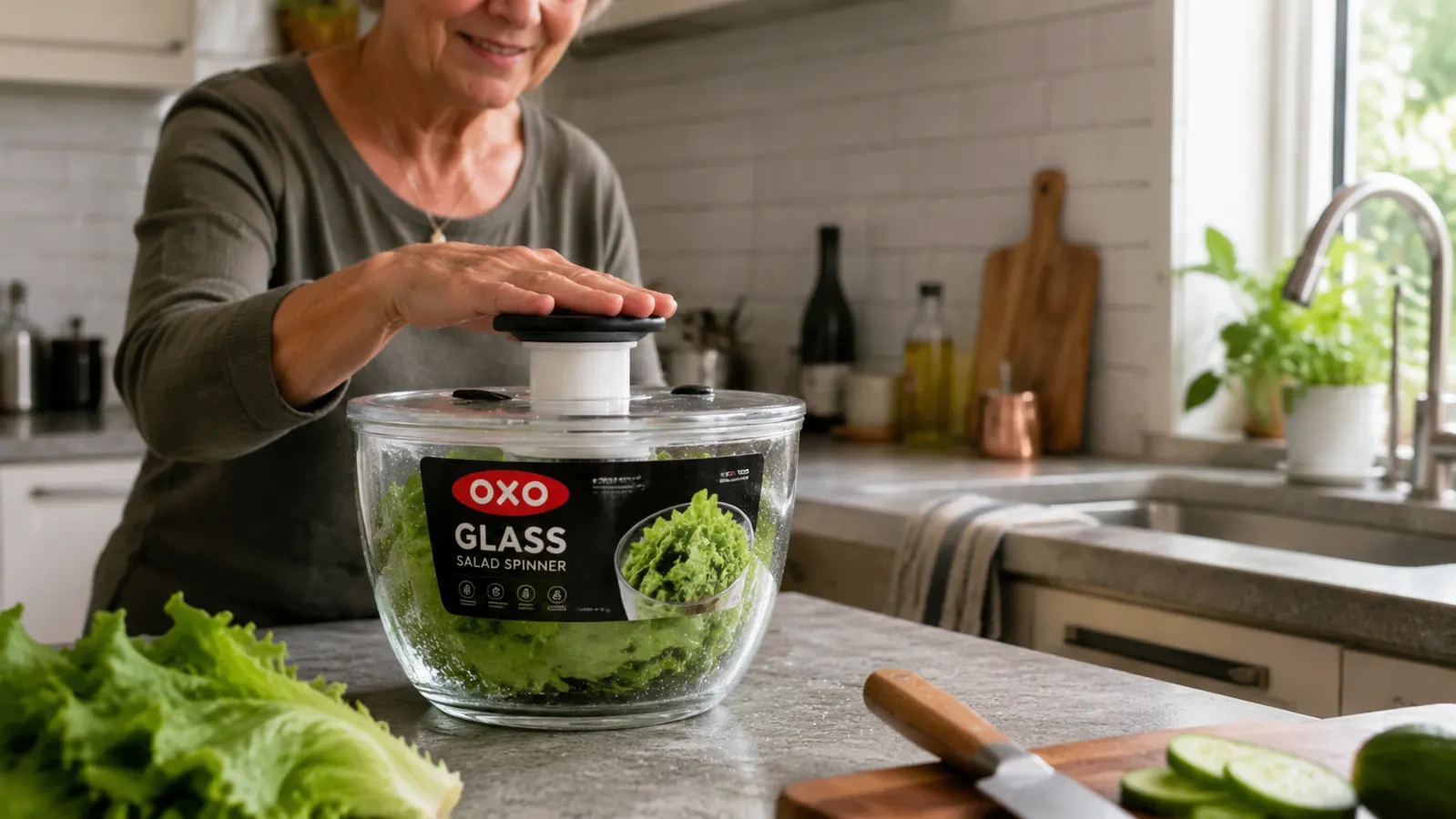 A hand pressing the pump top of a glass salad spinner to spin dry a basket of leafy greens