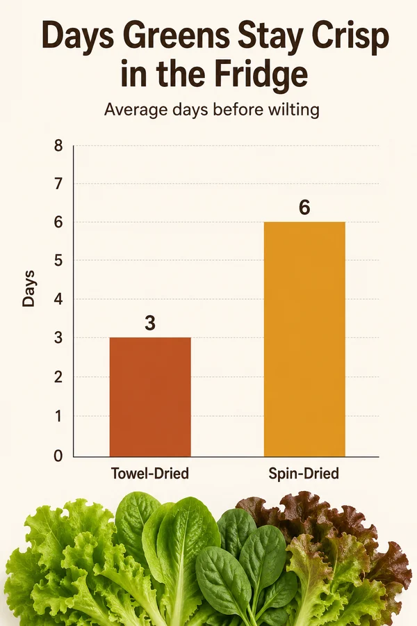 Simple chart comparing how long salad greens stay crisp in storage after spin-drying versus after towel-drying