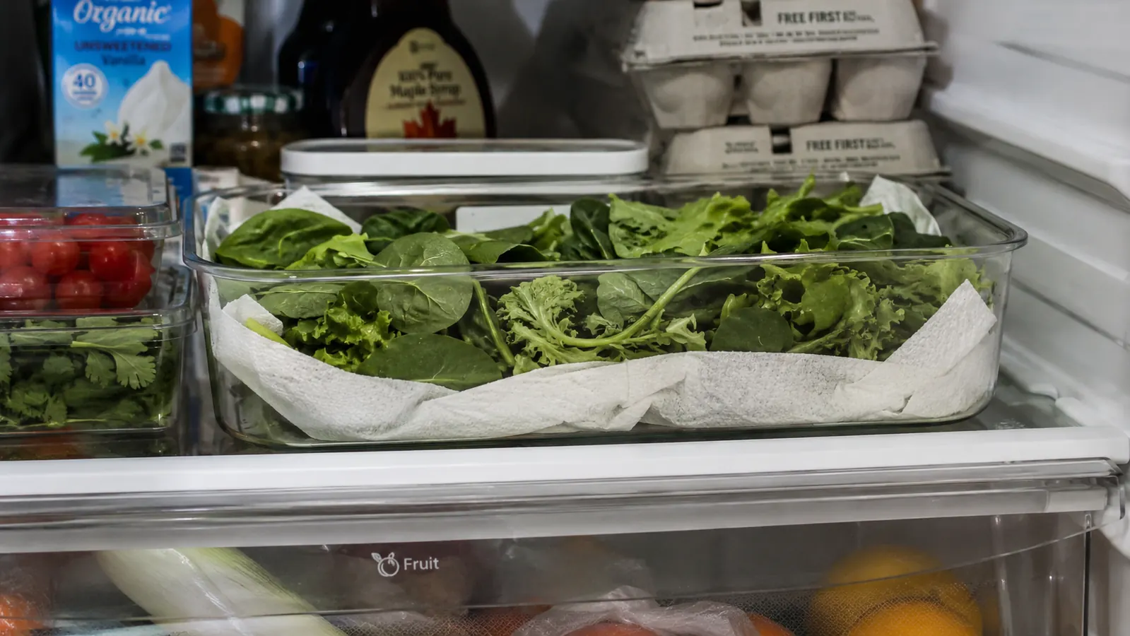 A shallow storage container lined with paper towel and filled with dry, crisp salad greens sitting on a refrigerator shelf