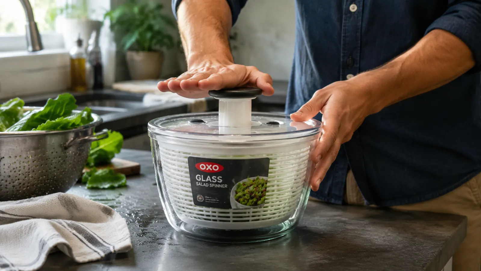 Hand pumping the top of a glass salad spinner on a kitchen counter next to a colander of rinsed lettuce