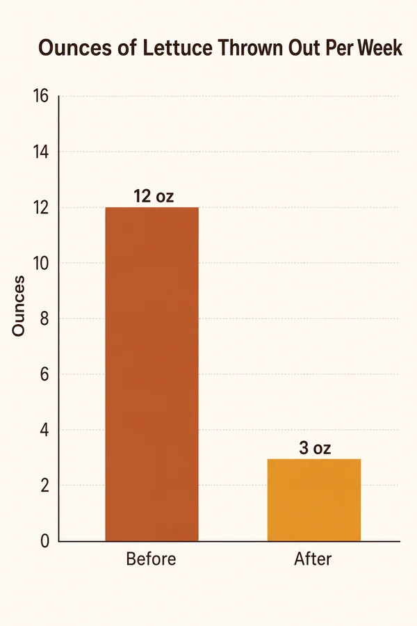 Simple chart comparing how much lettuce was thrown out per week before and after switching to a salad spinner