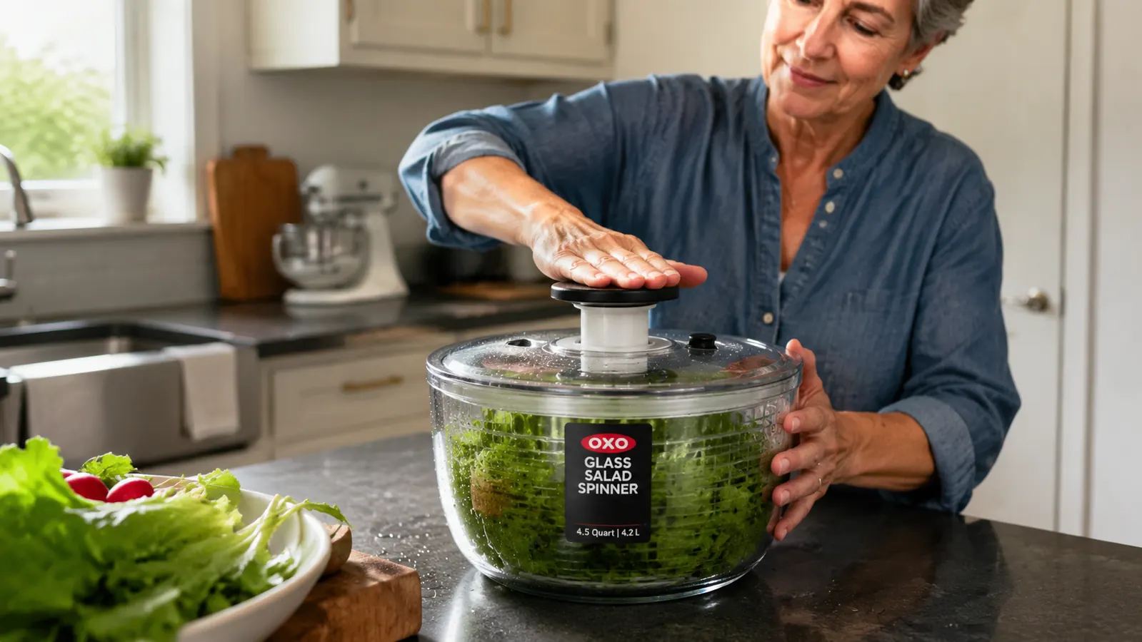 Hand pressing the pump lid of the OXO glass salad spinner spinning wet lettuce dry