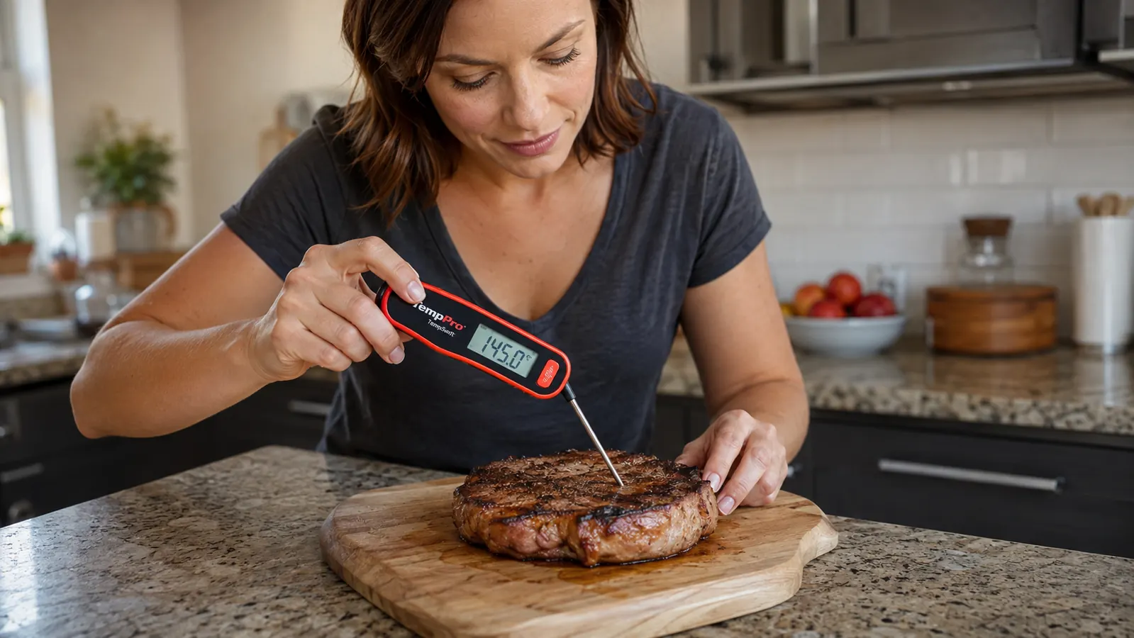 Hand inserting a TempPro digital thermometer probe into a grilled pork chop on a cutting board