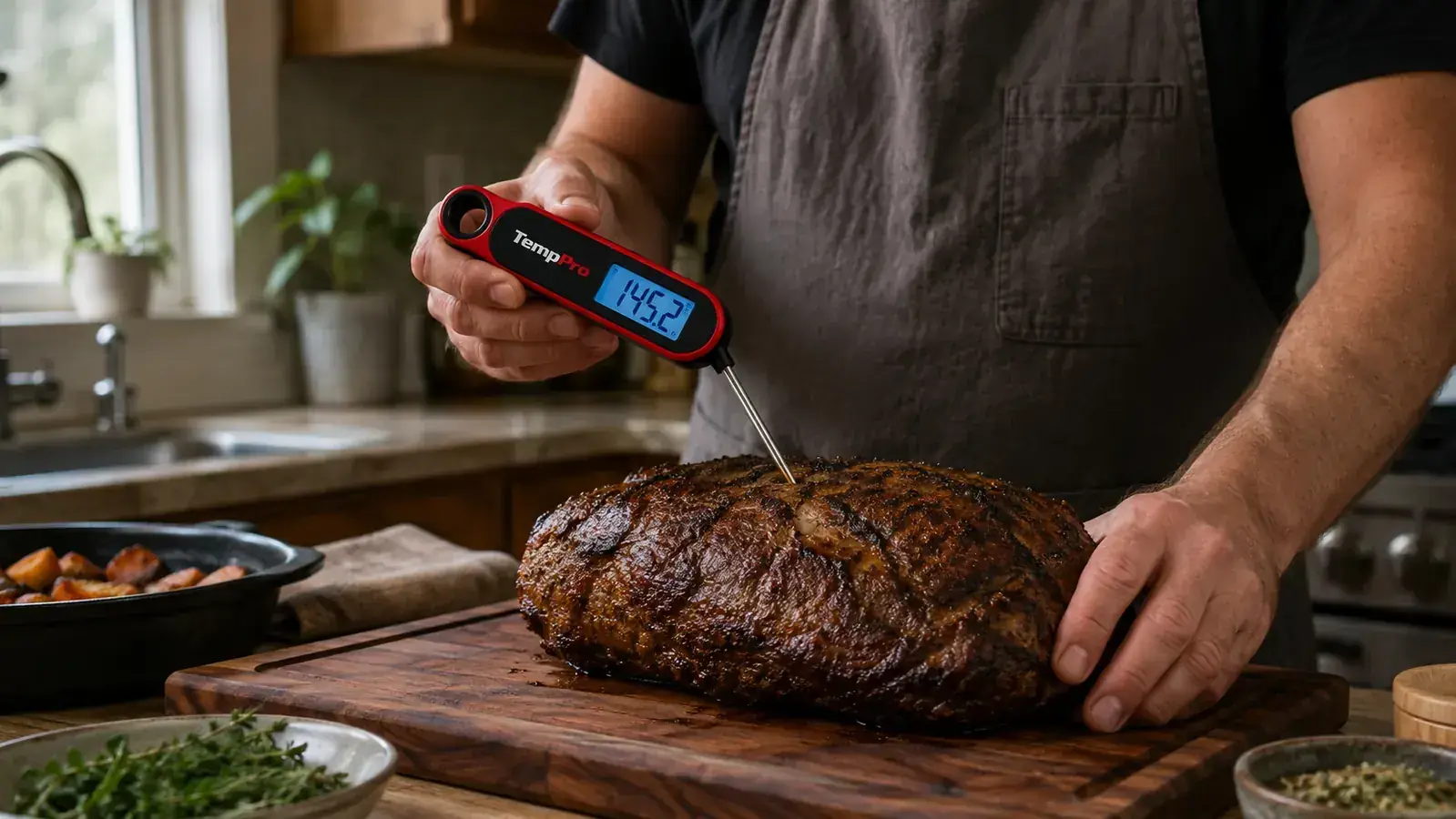 Close-up of the TempPro thermometer probe angled into the thickest part of a roast on a cutting board, digital display tilted toward the camera