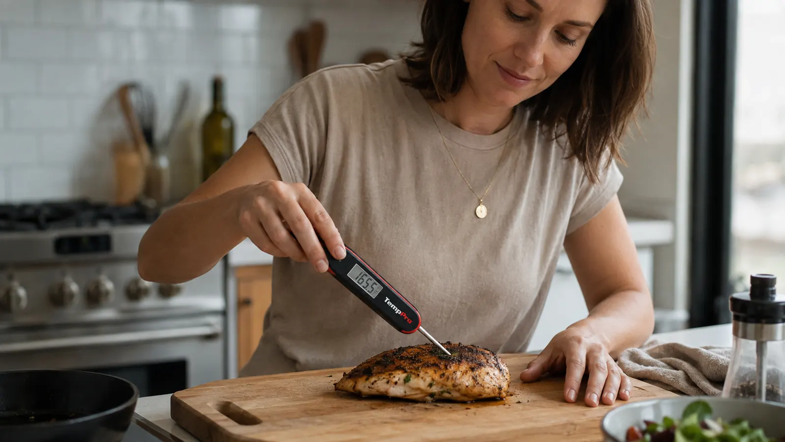 Close-up of the TempPro TempSwift digital thermometer probe inserted into a chicken breast in a home kitchen