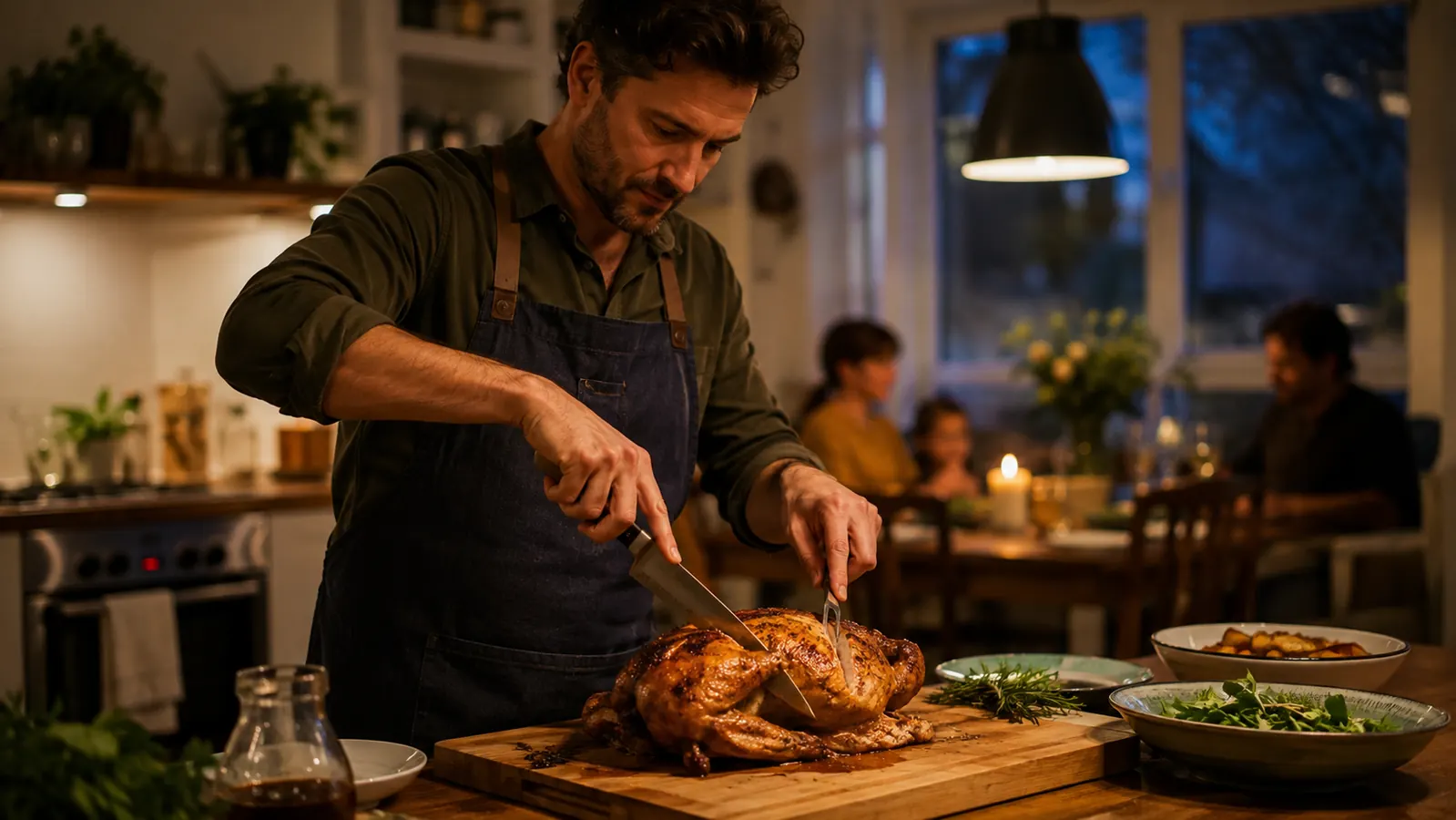 A family dinner table with a roasted chicken being carved, steam rising