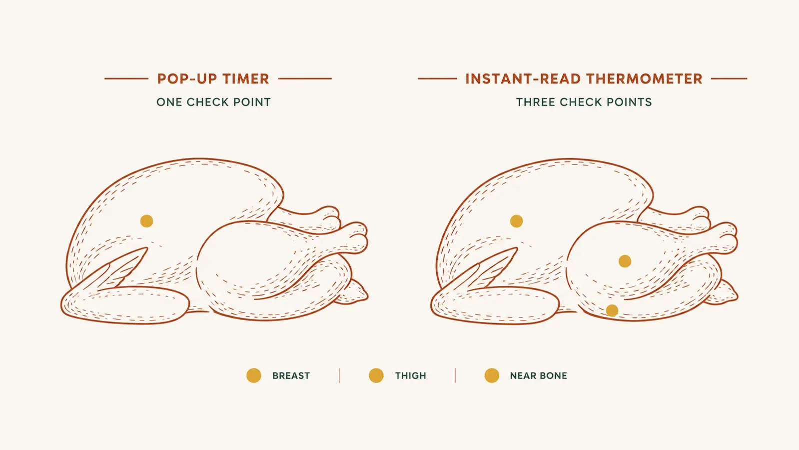 Unbranded diagram comparing how many locations on a turkey a pop-up timer checks versus an instant-read thermometer