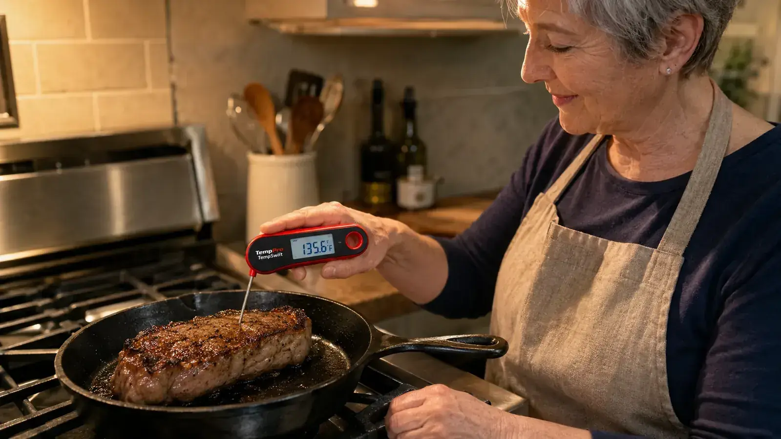 Hand checking the internal temperature of a seared steak on a cast iron skillet with the TempPro digital thermometer